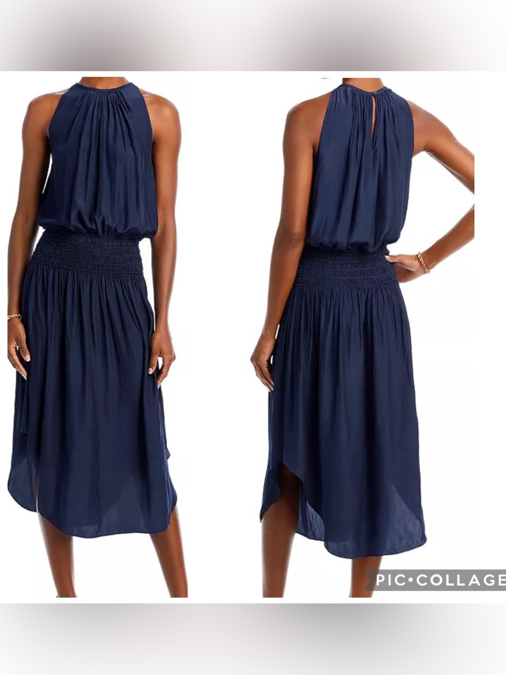RAMY BROOK Women’s Navy Blue AUDREY Sleeveless Smocked Waist Midi Dress Size M.